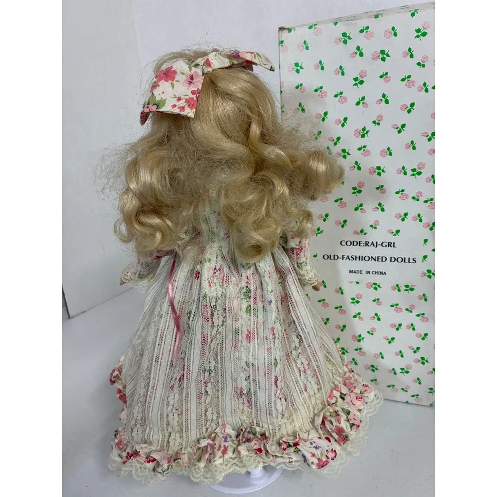 Old-Fashioned Dolls Porcelain Doll 16 inch Blonde Blue Eyes Floral Lace Gown Box